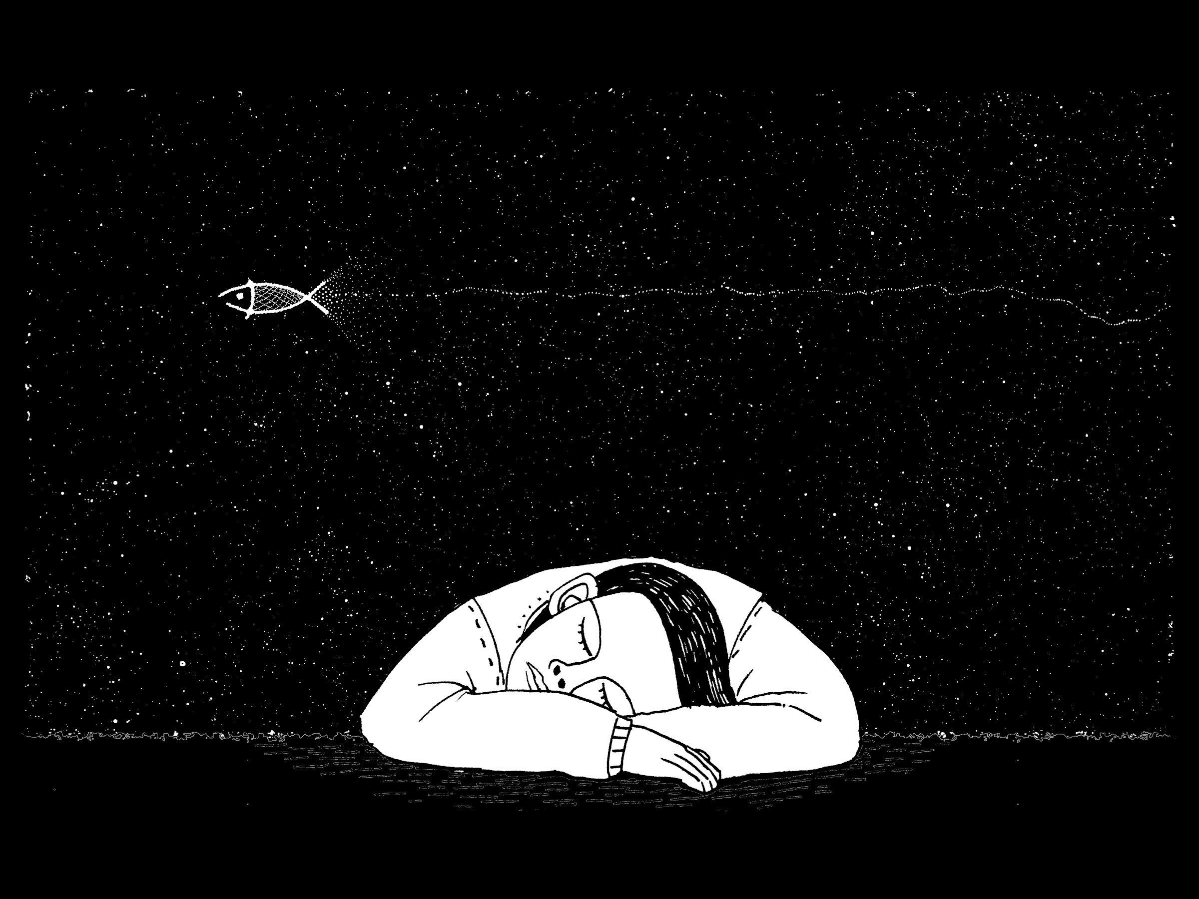 Sleep learning: illustration of a man sleeping and dreaming of a flying fish