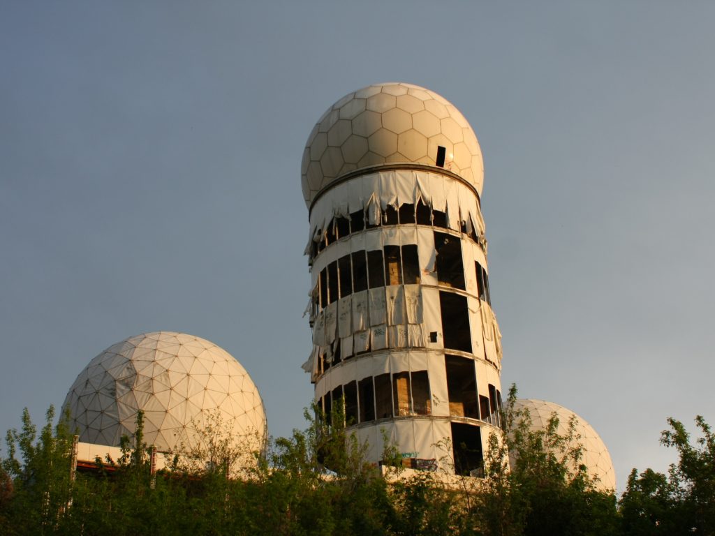 A view of the main tower and radomes on Teufelsberg hill in Berlin, Germany.